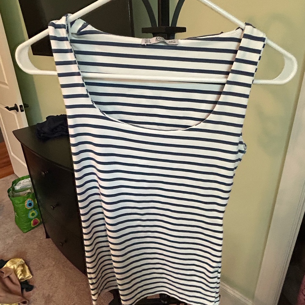 Zara Navy and White Striped Scoop Neck Tank